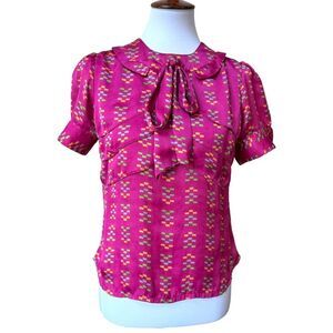 Tulle Womens Blouse Pink Geometric Short Puff Sleeve Bow Button Back Office S